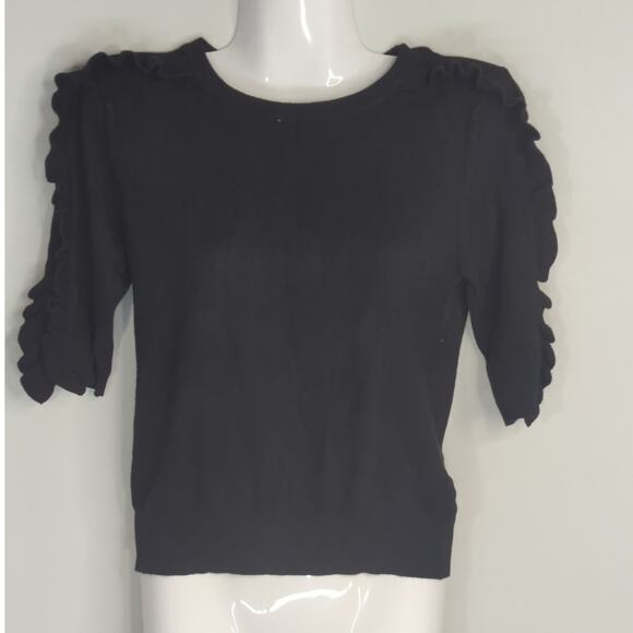 Zara Black Ruffle Short Sleeves Sweater Women's S Whimsical Preppy Dark Academia - Picture 2 of 8